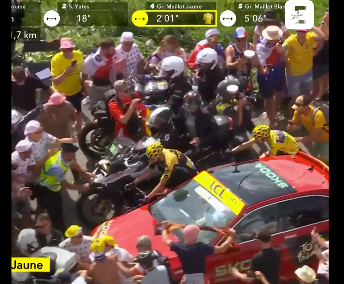 Motorbike blocks Jonas Vingegaard during Tour de France stage 17 The